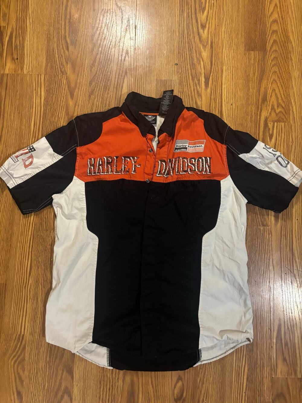 Harley Davidson Black/ Orange Motorcycle Biker Short Sleeve Button-Down Shirt